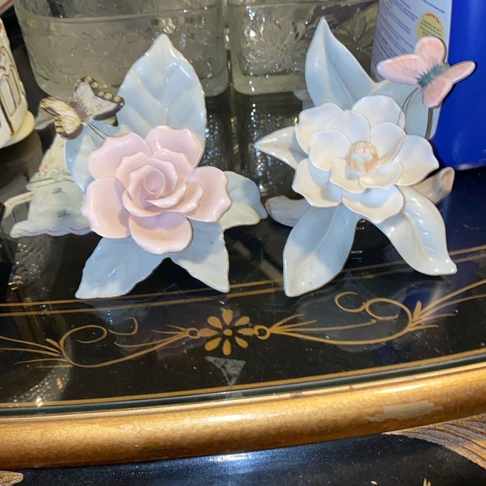 Two Vintage Porcelain Flower Figurines Rose/Magnolia w/Butterflies